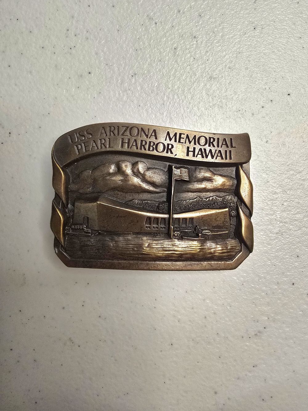 Bergamot Brass Works Belt Buckle USS Arizona Memorial Pearl Harbor 1985